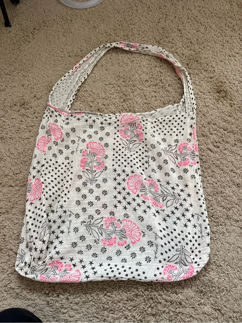 Free People White Cotton Tote with Pink Floral Print